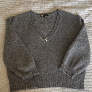 Maje Dark Gray V-Neck Sweater with Bow Charm